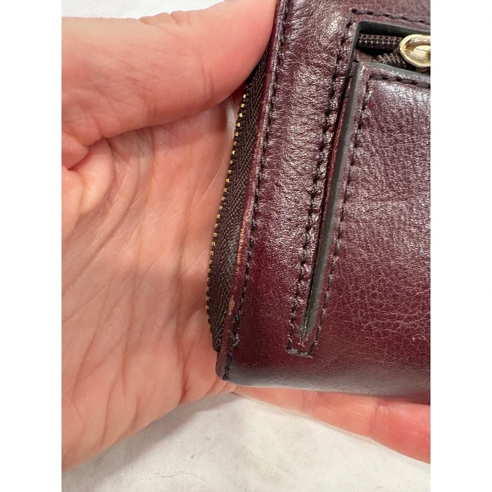 Fossil Logan Zip Around Clutch Wallet Burgundy Leather Teal Interior Wristlet